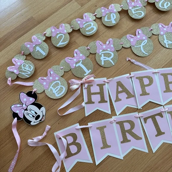 TWO Happy 1st Birthday Banners + month pic banner Minnie pink gold - Picture 2 of 7